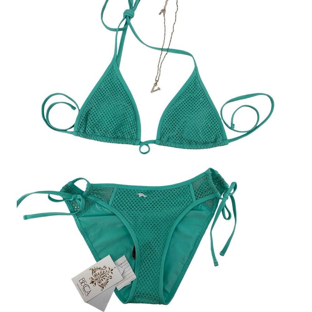 BECCA Women's Bikini Set Crochet Mesh Teal Green Metallic Small